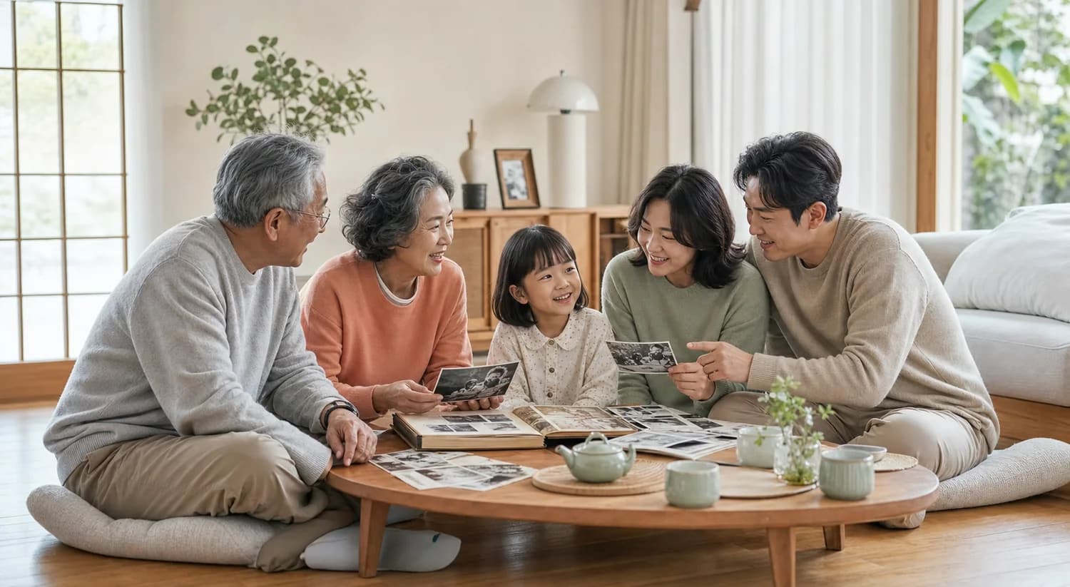 세대가 함께 가족 사진을 보며 추억을 나누는 장면